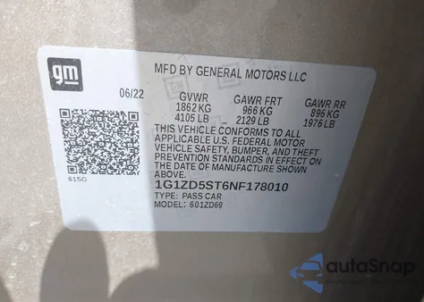 2022 Chevrolet Malibu Fwd Lt из США, поврежденный, VIN 1G1ZD5ST6NF178010